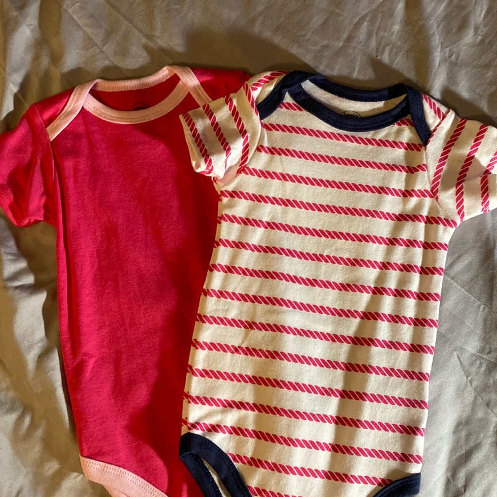 2 pieces. Toddler girl onesies. Never worn. 1 pink. 1 pink/blue